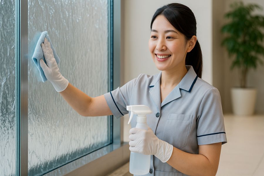 ホテルのウォーターウォールをメンテナンスする清掃スタッフ、適切な手入れで美しさを維持する日常管理