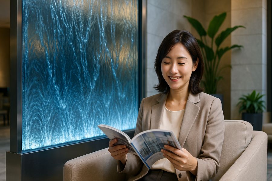 ホテルエントランスのウォーターウォール前でリラックスする女性、水の流れがもたらす癒し効果と心理的な安らぎ