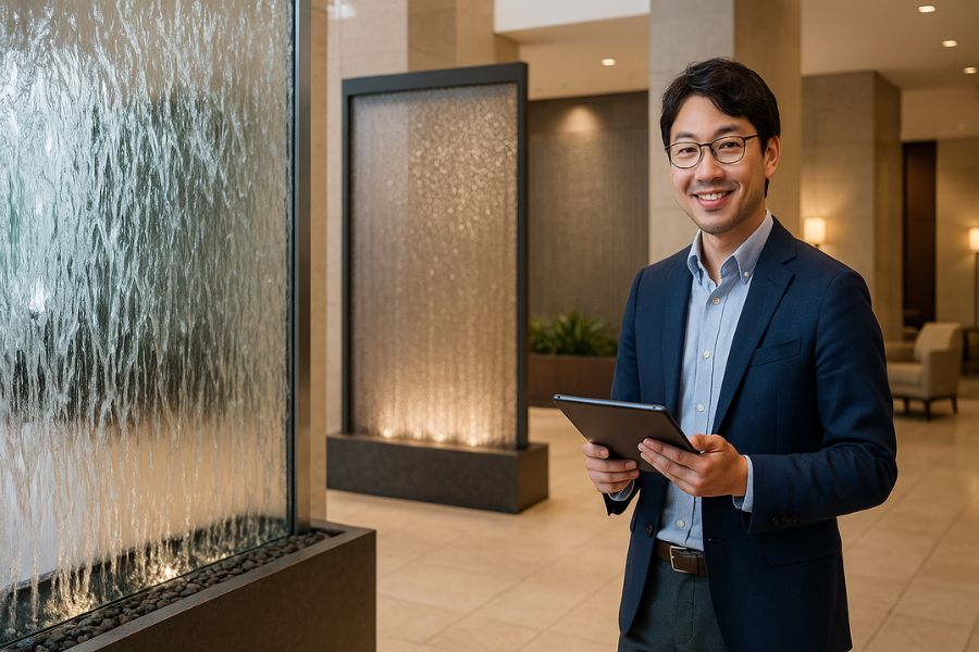 ホテルに適したウォーターウォールの種類比較、ガラスタイプとメッシュタイプの異なる水の表情をデザイナーが検討