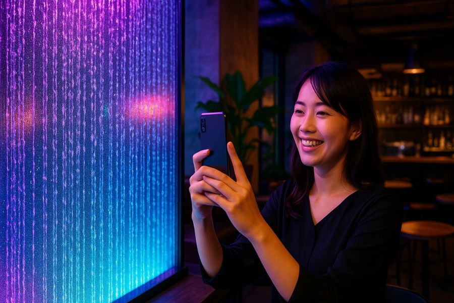 カフェバーでウォーターウォールを撮影する若い女性とカラフルなLED演出