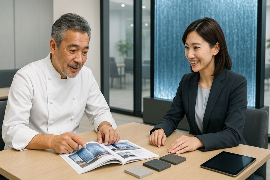 ウォーターウォール導入について相談するレストランオーナーと営業担当者