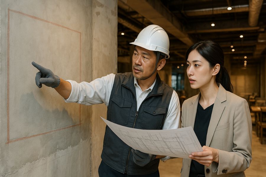 ウォーターウォール設置位置を検討する施工業者とデザイナー