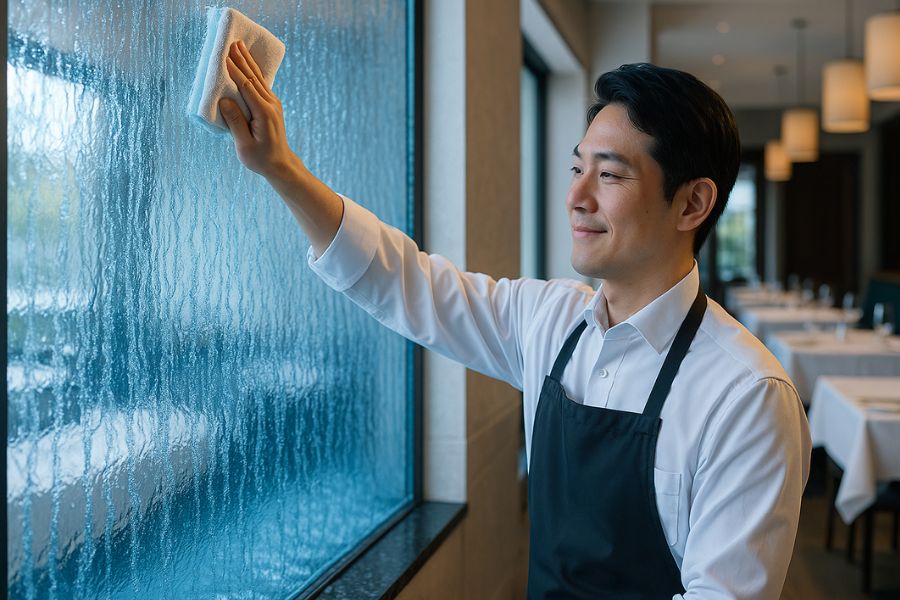 ウォーターウォールを丁寧にメンテナンスするスタッフ