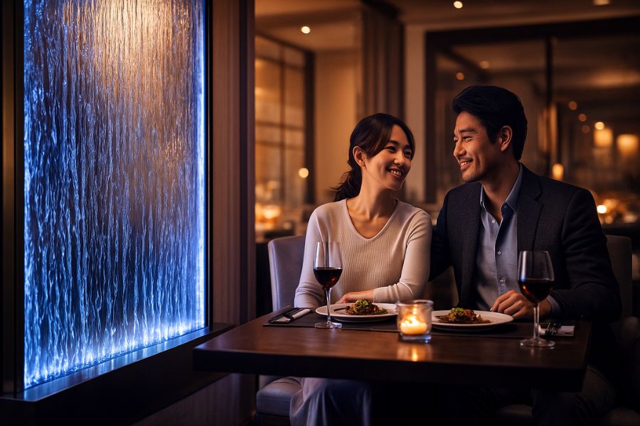 ウォーターウォールのある空間でリラックスして食事を楽しむカップル