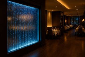 高級レストランエントランスに設置されたガラスウォーターウォールと洗練された空間演出