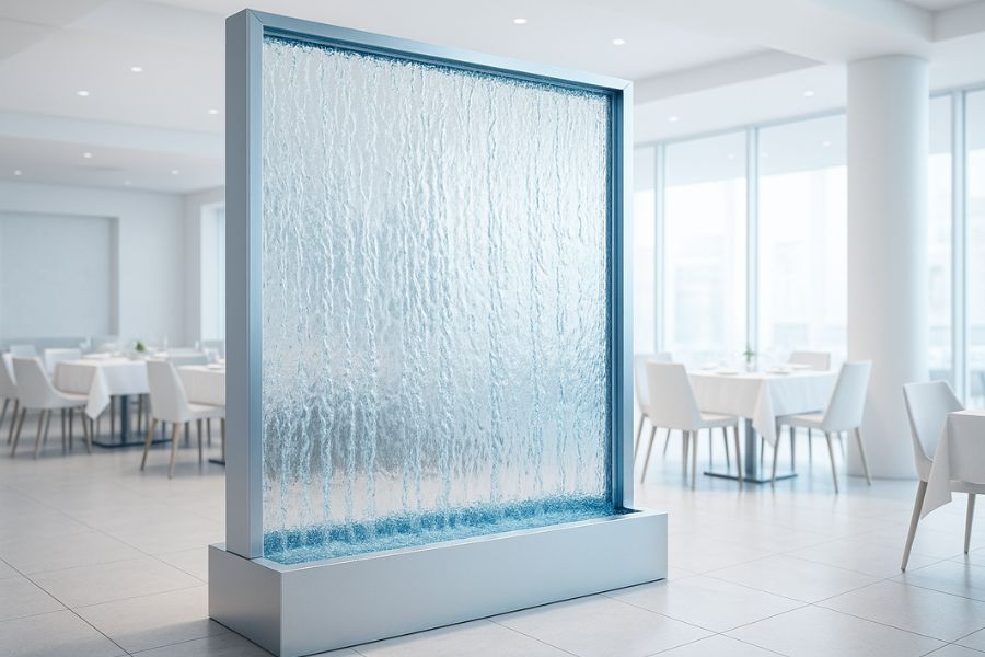 レストランに設置されたガラスウォーターウォールの構造と水の流れ