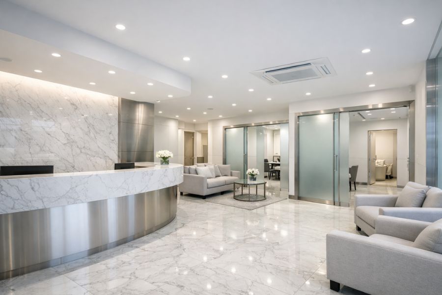 新装工事が完了した美容クリニックの受付と待合室の内装全景