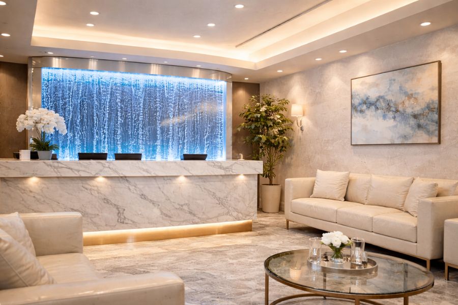 美容クリニックの空間演出設計例。照明と素材とバブルウォールを組み合わせた高級感のある待合室