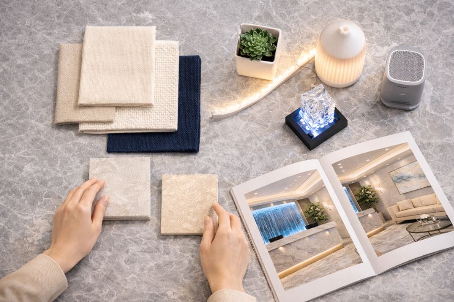 美容クリニックの内装デザイン基本原則。配色・素材・照明・余白が調和した高級感と清潔感のある待合空間