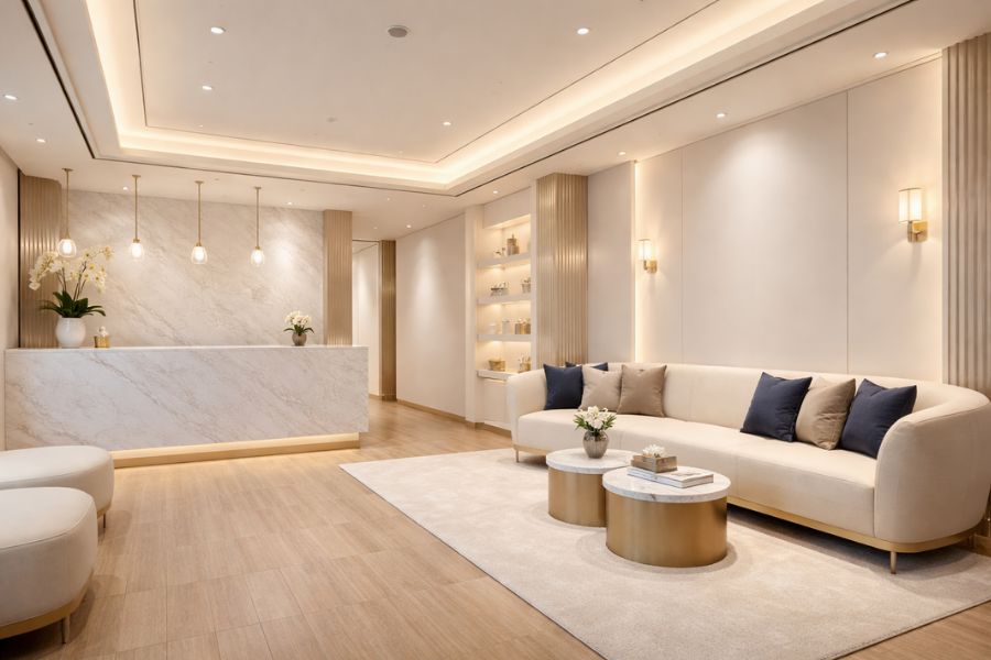 美容クリニックの待合室を演出する7つの方法。照明・家具・植物・アロマ・音響・水の演出などの選択肢