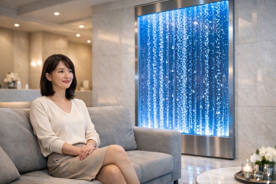 美容クリニックの待合室にバブルウォールが設置された高級感のある空間デザイン