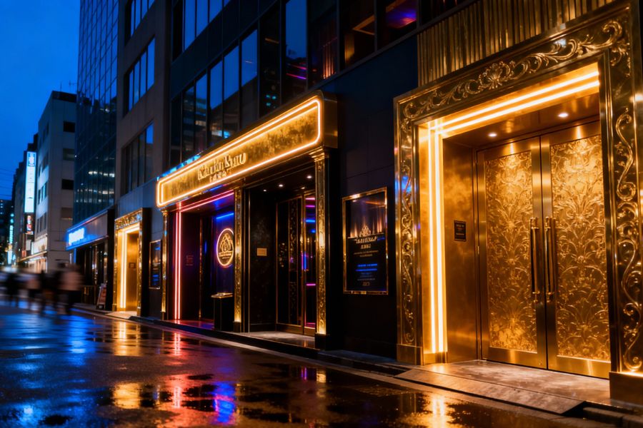 キャバクラが競合する繁華街の夜景と複数の高級店舗が並ぶ通り