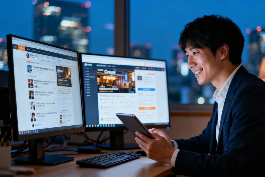 キャバクラ経営者がタブレットとモニターで競合店舗のデータを分析している様子