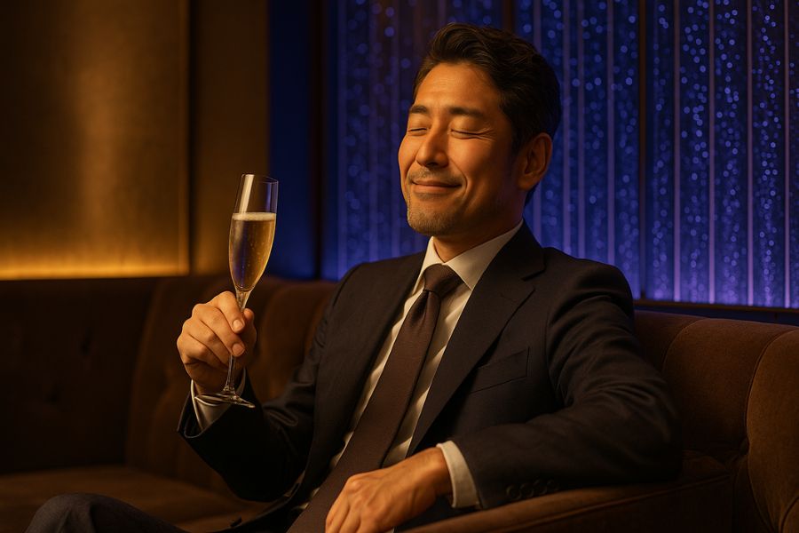 バブルウォールの癒し空間でリラックスするキャバクラのお客様の満足した様子