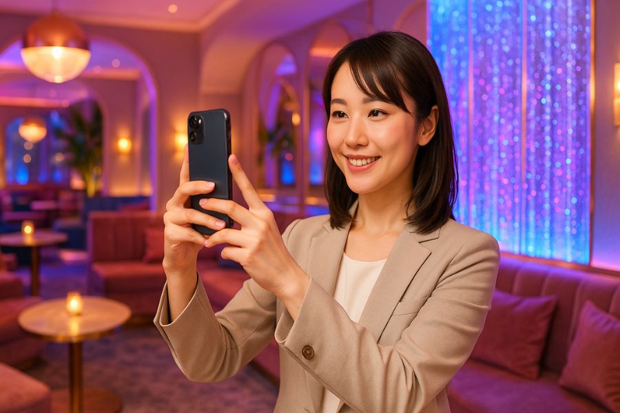 キャバクラのSNS集客のためバブルウォールのある店内を撮影するスタッフ