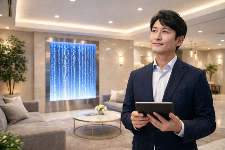 美容クリニックの内装費用を検討する経営者と空間演出が施された待合室