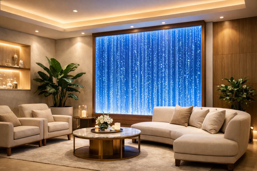 照明・観葉植物・バブルウォールなど複数の空間演出が調和した美容クリニック待合室