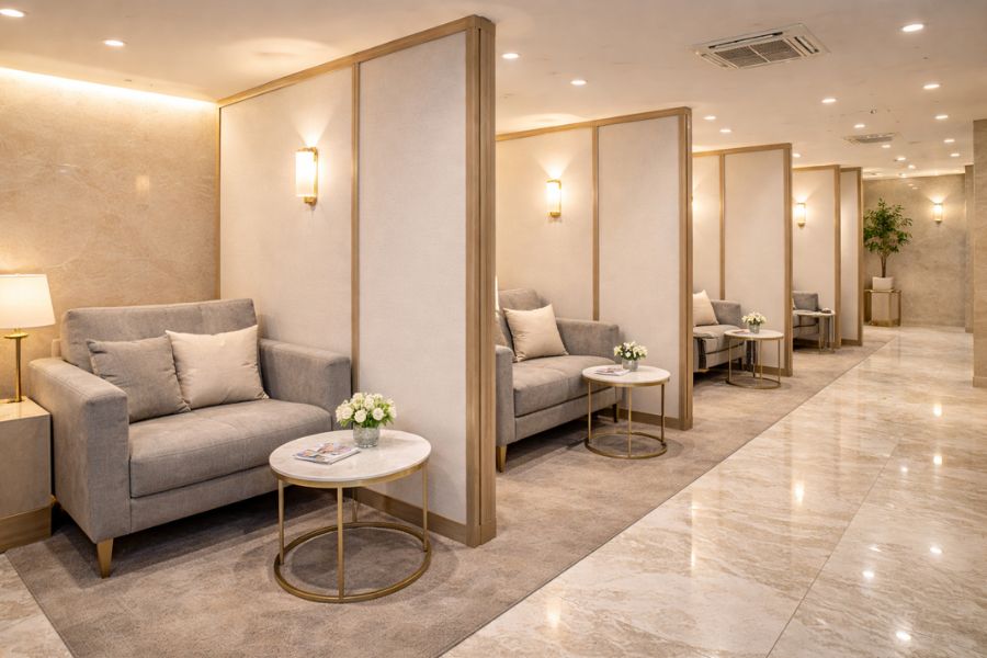 プライバシーに配慮した半個室タイプの美容クリニック待合室設計