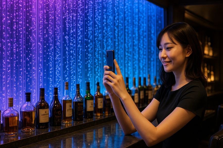 ホストクラブのバックバーに設置されたバブルウォールを撮影する女性客