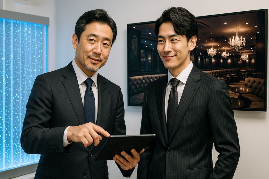 ホストクラブの内装プランを説明するインテリアデザイナーとオーナー