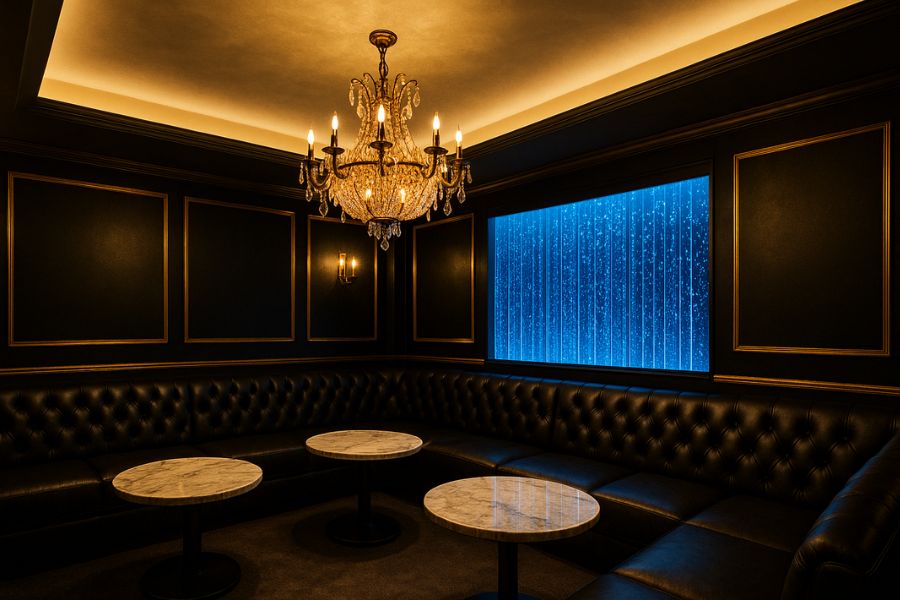 照明・色彩・素材が調和した高級ホストクラブの内装デザイン要素とバブルウォール