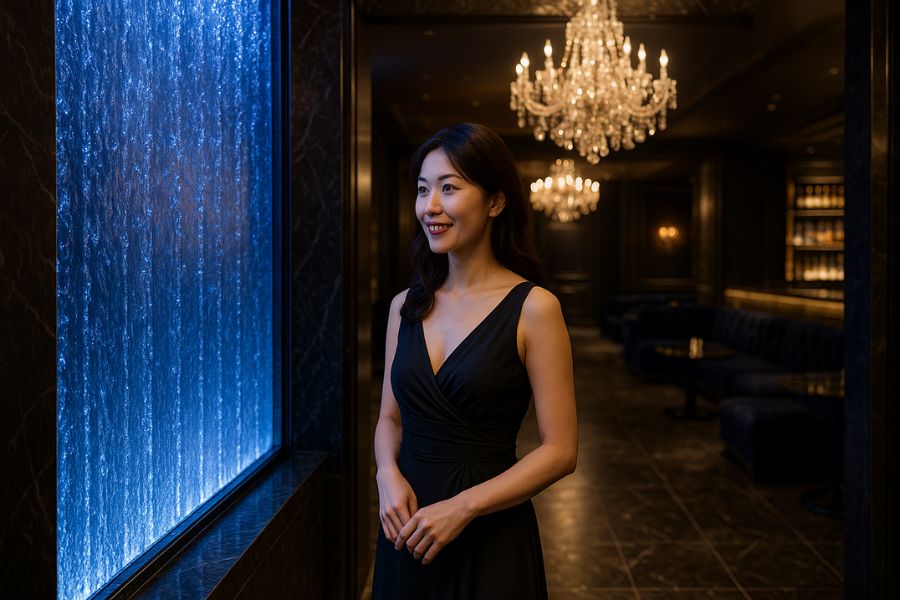 ウォーターウォールが設置された高級ホストクラブのエントランスで第一印象に感動する女性客