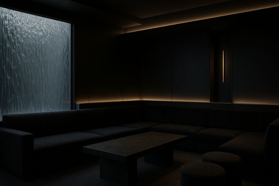 引き算の美学を体現したミニマルで洗練された高級ホストクラブのVIPルームとウォーターウォール