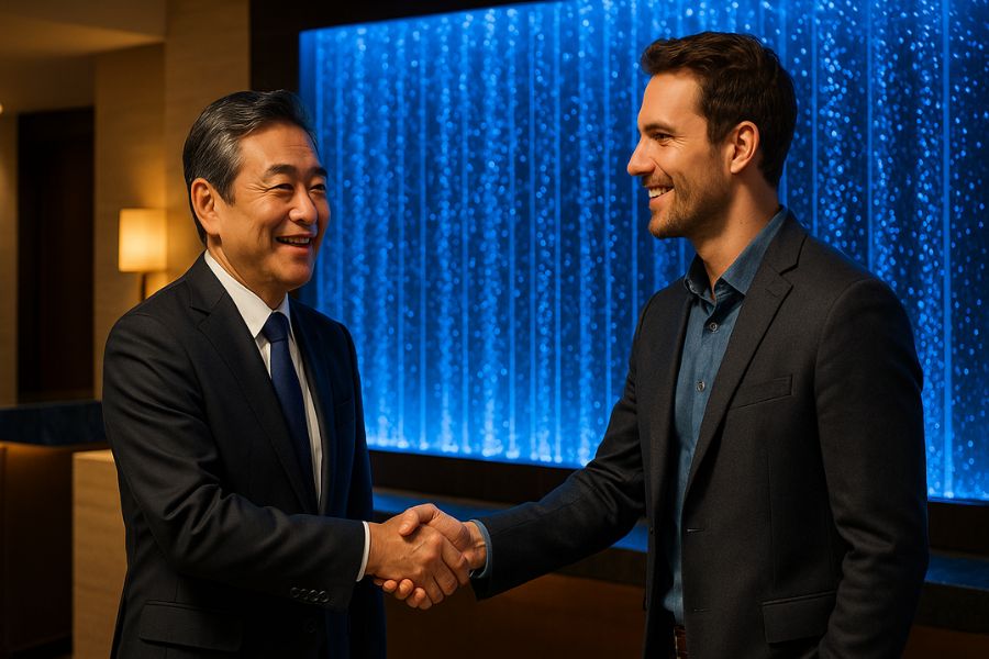 バブルウォールが設置されたホテルロビーで笑顔で会話するホテル経営者とゲスト