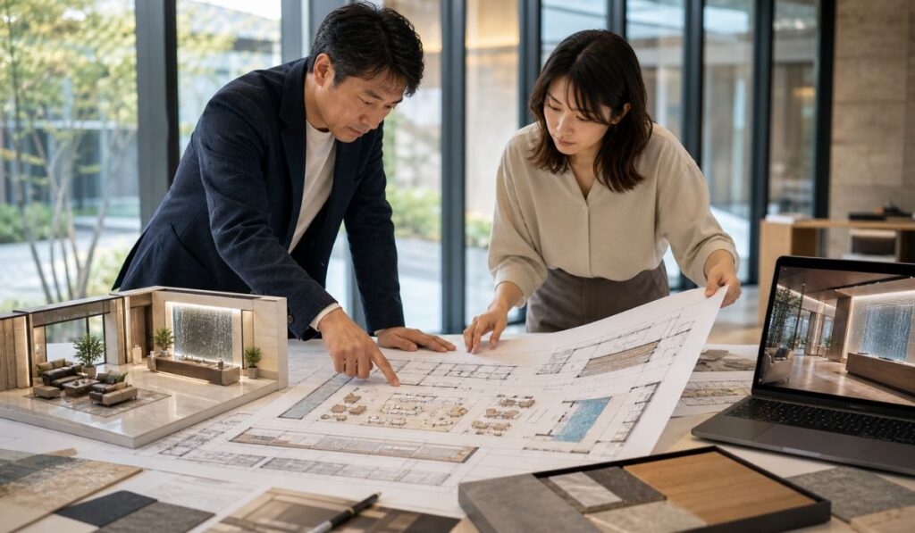 ホテルロビーの平面図と立面図を確認する設計事務所の打ち合わせ風景