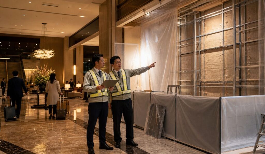営業継続中のホテルロビーで夜間に段階施工される養生エリアと施工管理者