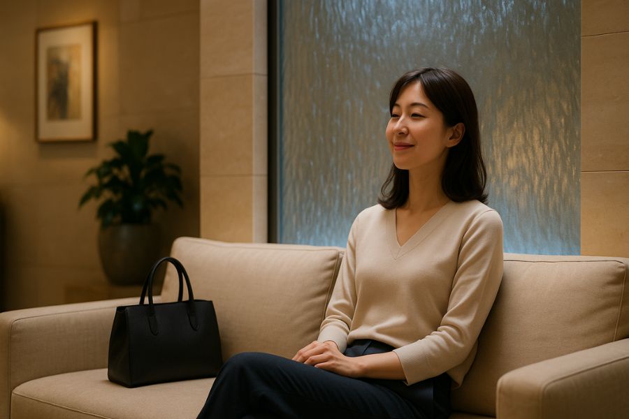 ウォーターウォールの前でリラックスした表情を見せるホテル宿泊客