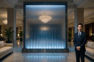 ホテルロビーに設置された大型ウォーターウォールと高級ソファが並ぶラグジュアリー空間