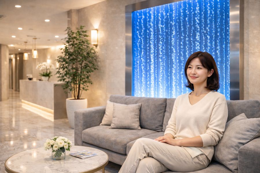バブルウォールと間接照明が調和した理想的な美容クリニック待合室でリラックスする患者