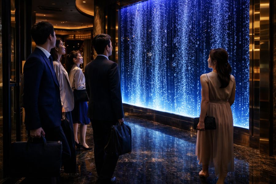 ウォーターウォールが印象的なナイトクラブエントランスに感動するゲスト