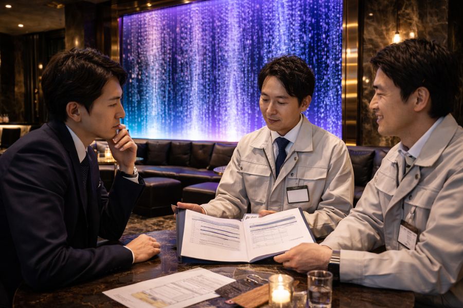 ウォーターインテリア専門業者との店舗内装デザイン打ち合わせ風景