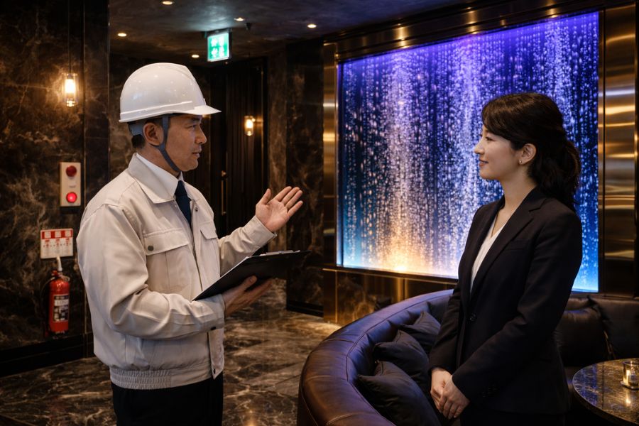 消防法・建築基準法に適合したナイトクラブ内装の安全検査の様子