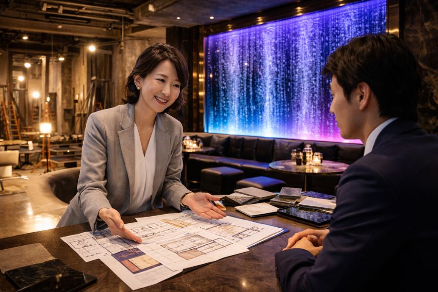 ナイトクラブ内装工事の費用について打ち合わせするデザイナーとオーナー