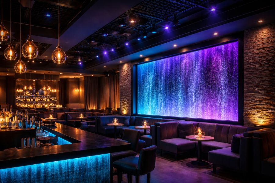 ウォーターウォールとLED演出を組み合わせたナイトクラブの照明デザイン戦略