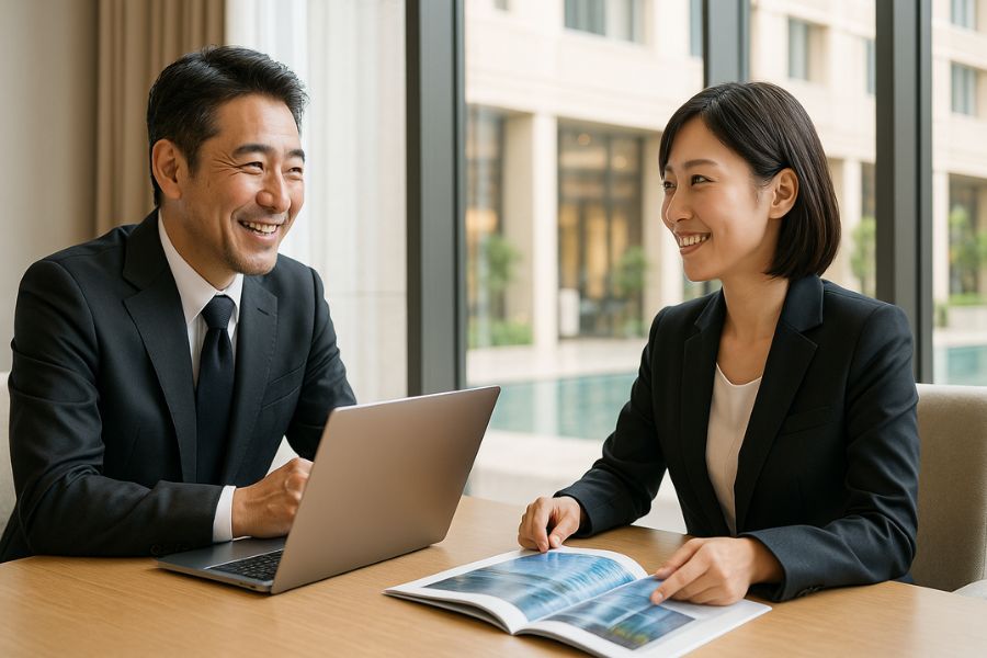 ホテルのミーティングルームでウォーターインテリアの見積書を確認する経営者と営業担当