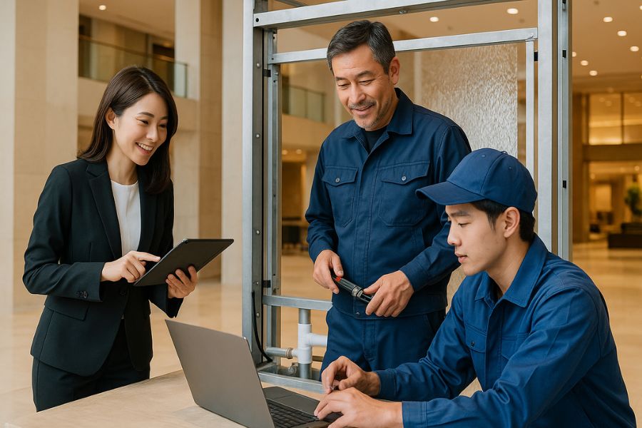 ウォーターウォールの施工現場で図面を確認するデザイナーと施工業者チーム