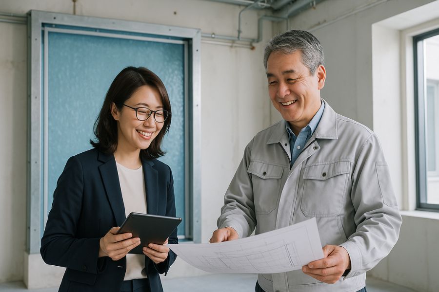 ホテルロビーでウォーターウォールの設置位置を確認する設計士と施設管理者