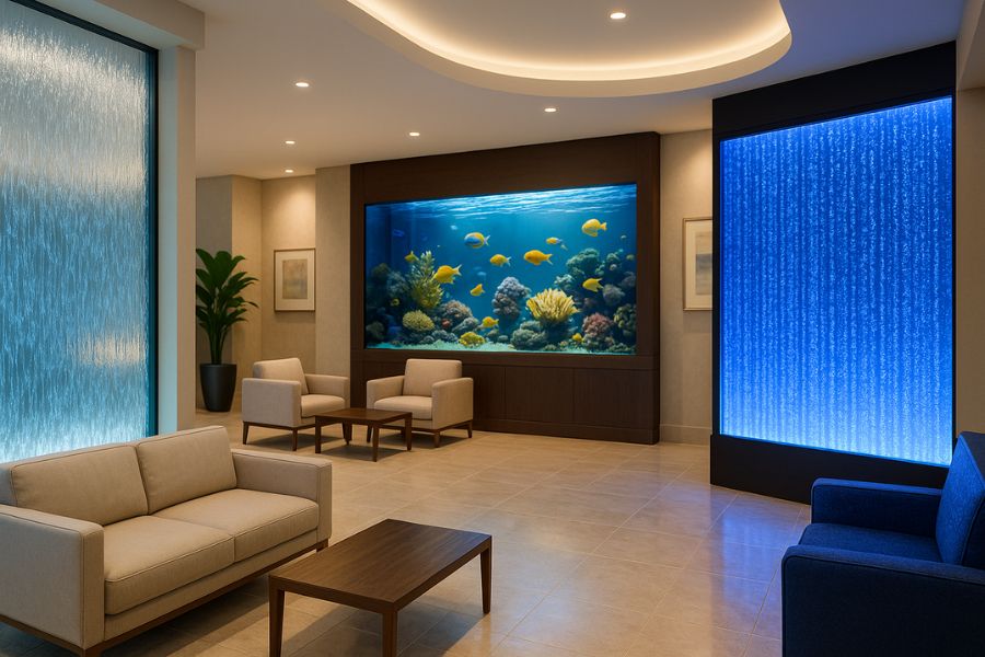 ホテル空間に設置されたウォーターウォールとアクアリウムが並ぶ多彩な水のインテリア