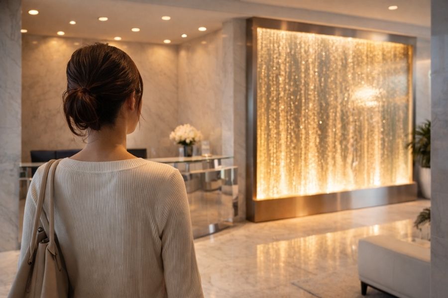 ウォーターウォールが設置された美容クリニックのエントランスで第一印象を受ける患者