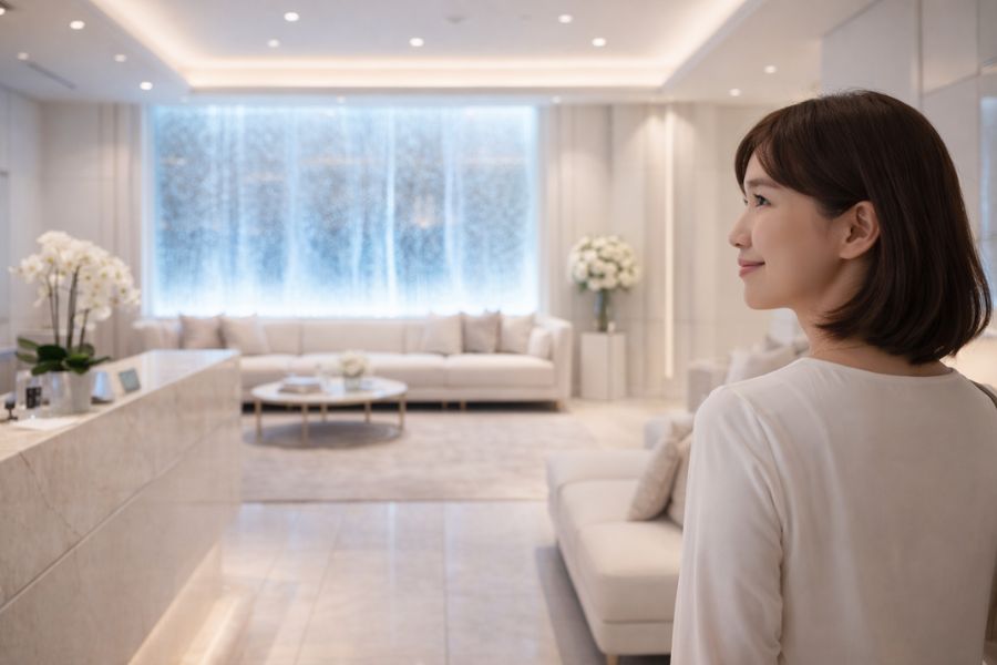 美容クリニックのエントランスで第一印象を受ける患者