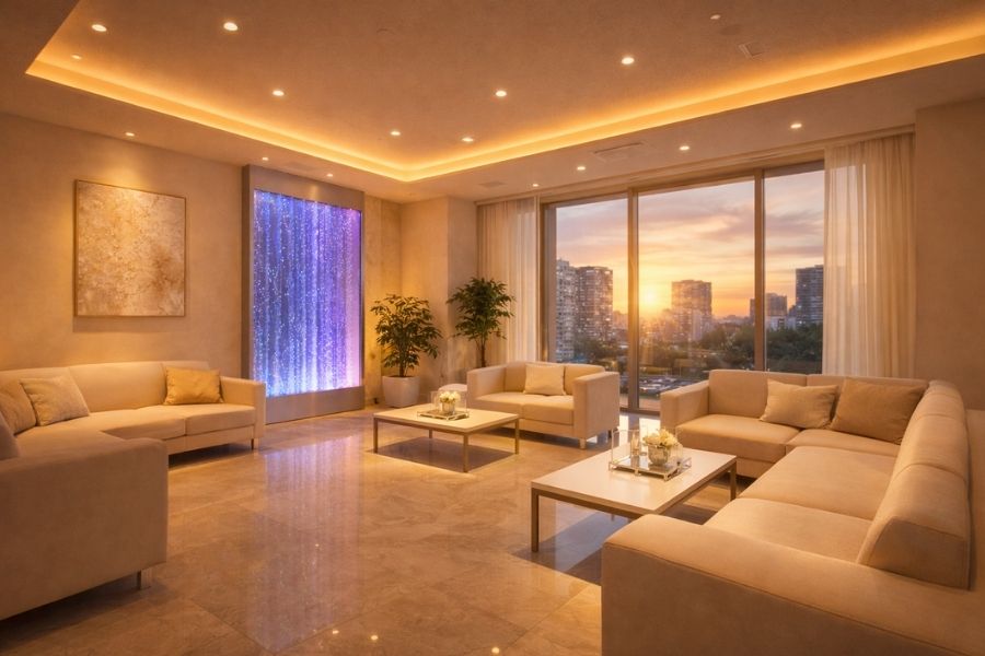 理想的な内装デザインが完成した美容クリニック待合室の全景