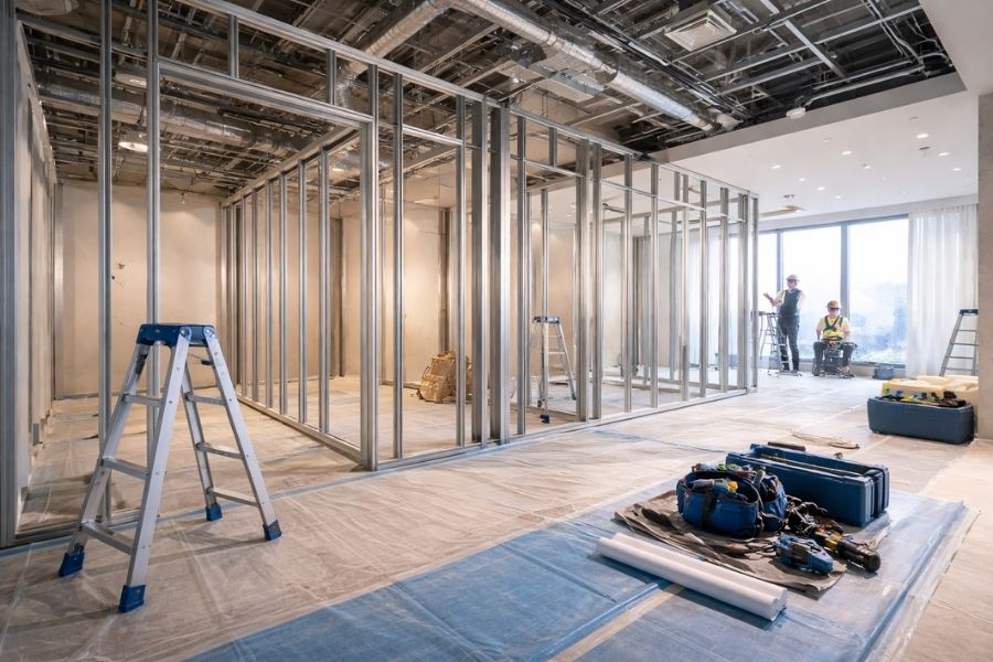 美容クリニックの内装工事中の施工現場と作業の様子