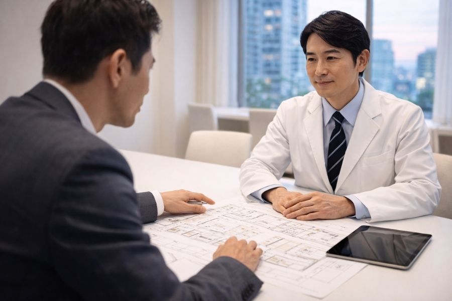 美容クリニック内装業者との打ち合わせで設計図面を確認する経営者