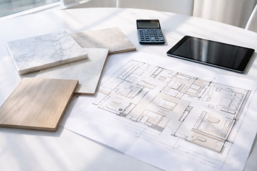 美容クリニック内装費用の見積もりに使用する設計図面と素材サンプル