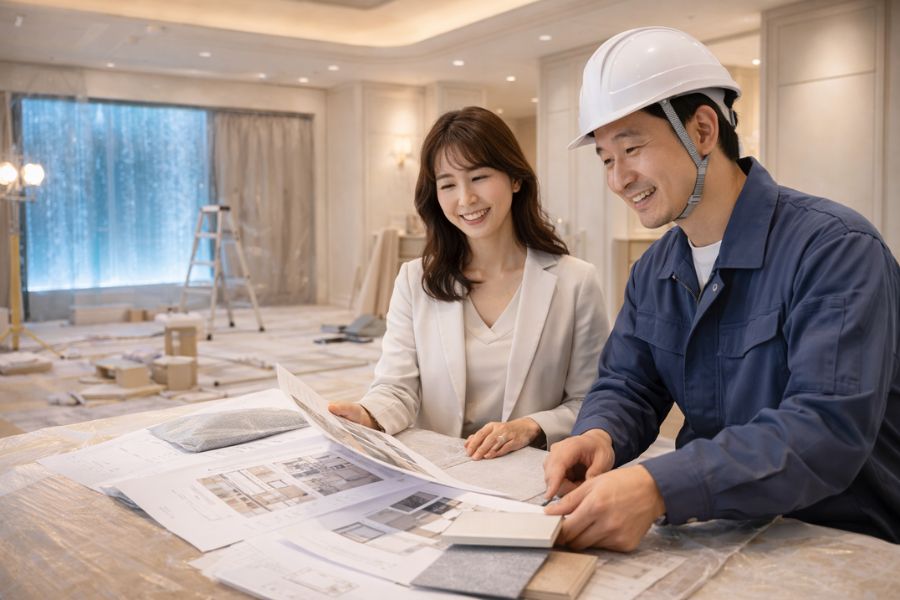 美容クリニック内装設計について専門業者と打ち合わせする経営者