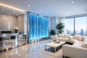 バブルウォールのある高級感と清潔感を両立した美容クリニック待合室の内装デザイン